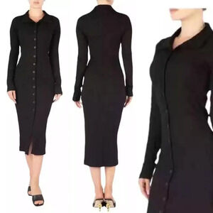 GOOD AMERICAN Black Wide Rib Knit Button Down Midi Dress 22305